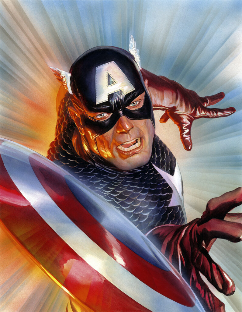 Elmhurst Art Museum offers a range of art, from this Captain America Cover by Alex Ross at the Marvelocity exhibit that just concluded, to be followed by Picasso: 50 Years Later.
