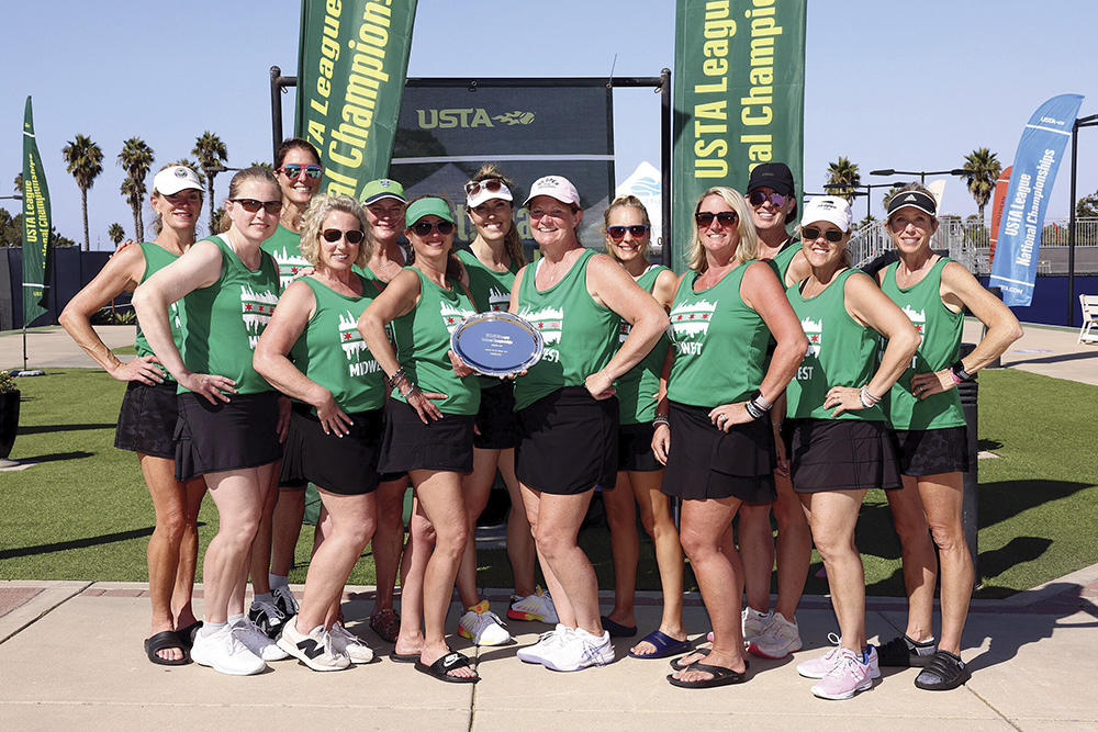 October 29, 2023 – (left to right) Maureen Porter, Karen Materick, Louise Burnison, Molly McGinnis, Tracy Richards, Angela Lukas, Abigail Emerson, Nancy Cushing, Tracie Wilcox, Ann Murtaugh, Rachel Corrough, Jennifer Langtry and Colleen Stover of the Midwest section came in second place in the Adult 40 &amp; Over 4.0 Women League National Championship at the Barnes Tennis Center in San Diego, California.