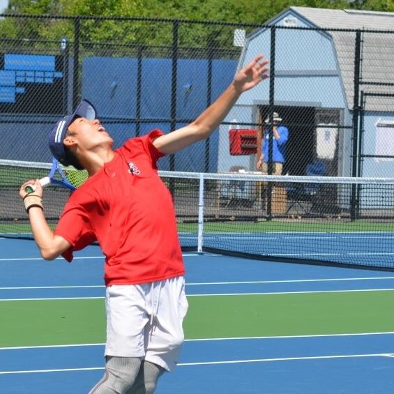 Hudson Tseng serves during the second round of the IHSA state tournament, where the Timothy Christian sophomore finished as the Class 1A state champion.
<br><i>Photo by Jeff Vorva</i>