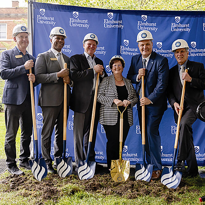 Elmhurst University leaders Kent Dahlgren, Wes Becton, Hugh McLean, Diane Salvador and Troy VanAken, and Elmhurst Mayor Scott Levin take part in the groundbreaking for a new health sciences building. Photo courtesy of Elmhurst University.