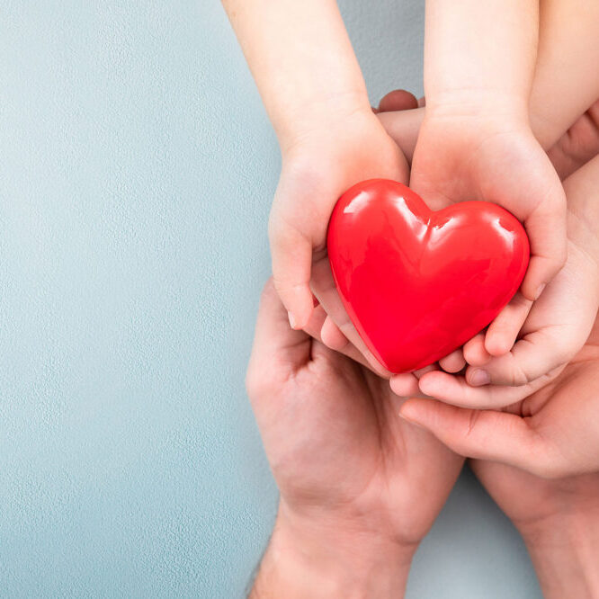 The adult and the child holding red heart.