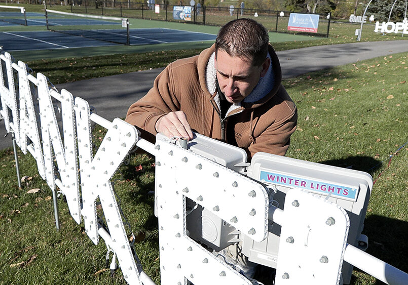 These are screen shots from video shot by Multimedia Services November 2023; Robert works for Oak Brook Park District and designs their holiday lights display every year.