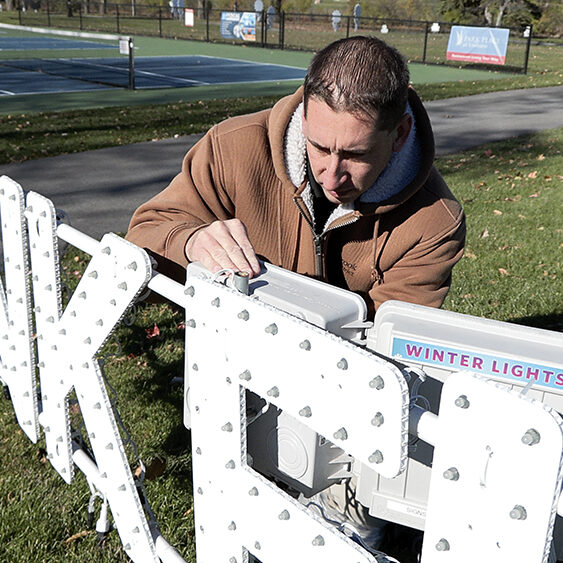 These are screen shots from video shot by Multimedia Services November 2023; Robert works for Oak Brook Park District and designs their holiday lights display every year.