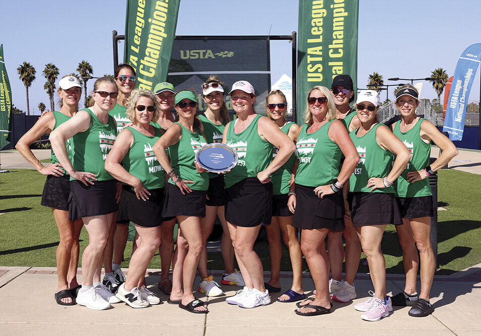 October 29, 2023 – (left to right) Maureen Porter, Karen Materick, Louise Burnison, Molly McGinnis, Tracy Richards, Angela Lukas, Abigail Emerson, Nancy Cushing, Tracie Wilcox, Ann Murtaugh, Rachel Corrough, Jennifer Langtry and Colleen Stover of the Midwest section came in second place in the Adult 40 &amp; Over 4.0 Women League National Championship at the Barnes Tennis Center in San Diego, California.
